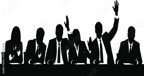 Silhouettes of people in business attire raising hands at a meeting