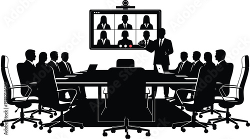 Silhouettes of people in a meeting with a conference screen