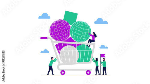 Conceptual illustration of a shopping cart filled with globes and geometric shapes, representing global commerce and online shopping