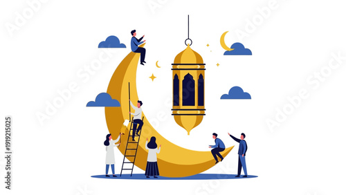 Vibrant illustration showcasing a diverse community interacting with a golden crescent moon and an elegant decorative lantern, symbolizing shared celebration, spiritual reflection, and togetherness