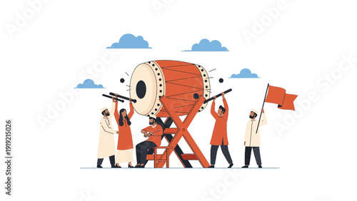 A diverse group of people in traditional attire excitedly gather around a large drum, preparing to play it, symbolizing unity and cultural celebration