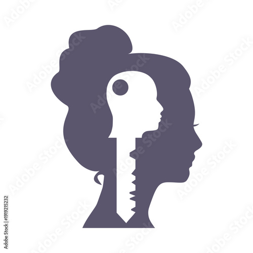 Man and woman relationship problems and conflicts in family and society. A male head shaped like a key inside female mind. Gender psychology concept. Romantic couple silhouette.