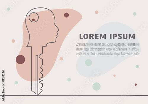 Male head merges into a key. A human head shaped like a key. Problem solving, unlocking potential, innovation, and business intelligence and psychology concept. Thin line silhouette. Field for text.