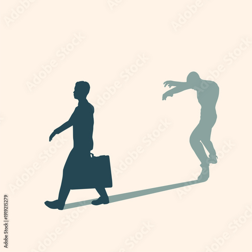 Difference between energy and mood level. Businessman in two versions tired and active. Ready to work and burnout comparison. Businessman walking with briefcase and casting shadow of zombie.