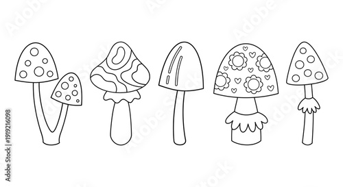 Retro groovy mushrooms coloring page, Minimal toadstool coloring book outline, Cartoon fall shrooms hand drawn vector doodle