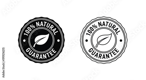 Two circular natural guarantee badges with leaf designs a silhouette