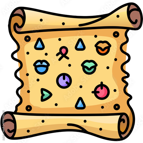 Vibrant Abstract Treasure Map Vector Illustration Featuring Playful Symbols on Rolled Parchment, Ideal for Adventure, Discovery, and Mystery Concepts