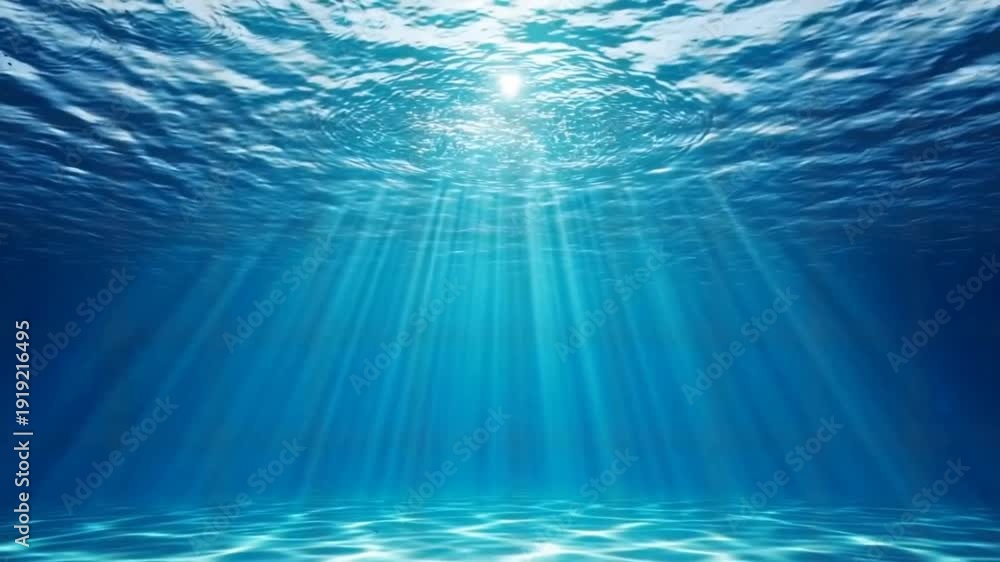 Underwater background with clear blue ocean water, bright sun rays ...