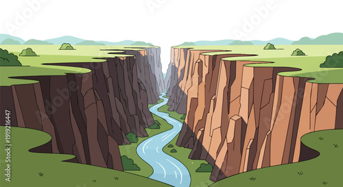 Vivid cartoon illustration of a majestic river winding through a dramatic canyon under a clear sky