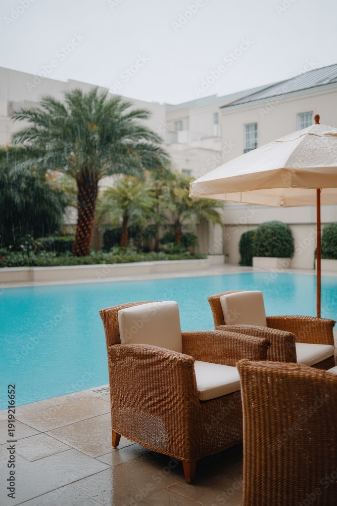 Fototapeta premium Luxurious outdoor poolside retreat with tropical ambiance on a rainy day