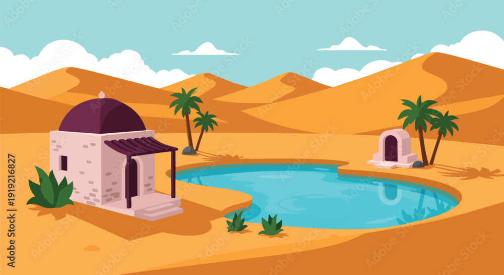 Obraz premium Desert oasis illustration: traditional domed structure, serene blue water, green palm trees, golden sand dunes under clear sky. Tranquil desert haven.