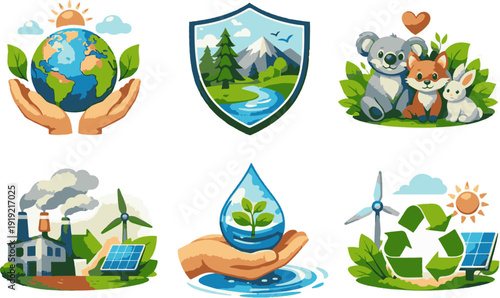 Environmental protection and sustainability icons
