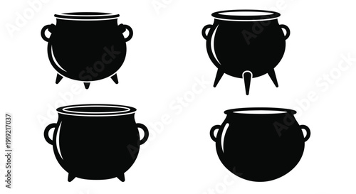 Four black cauldron outlines against a white background a stark silhouette