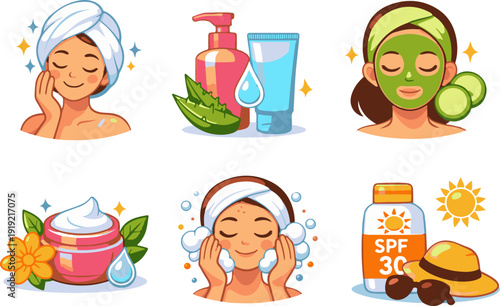 Skincare routine and beauty treatment icons
