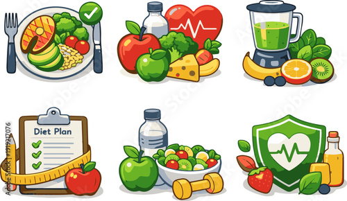 Healthy diet and nutrition lifestyle icons
