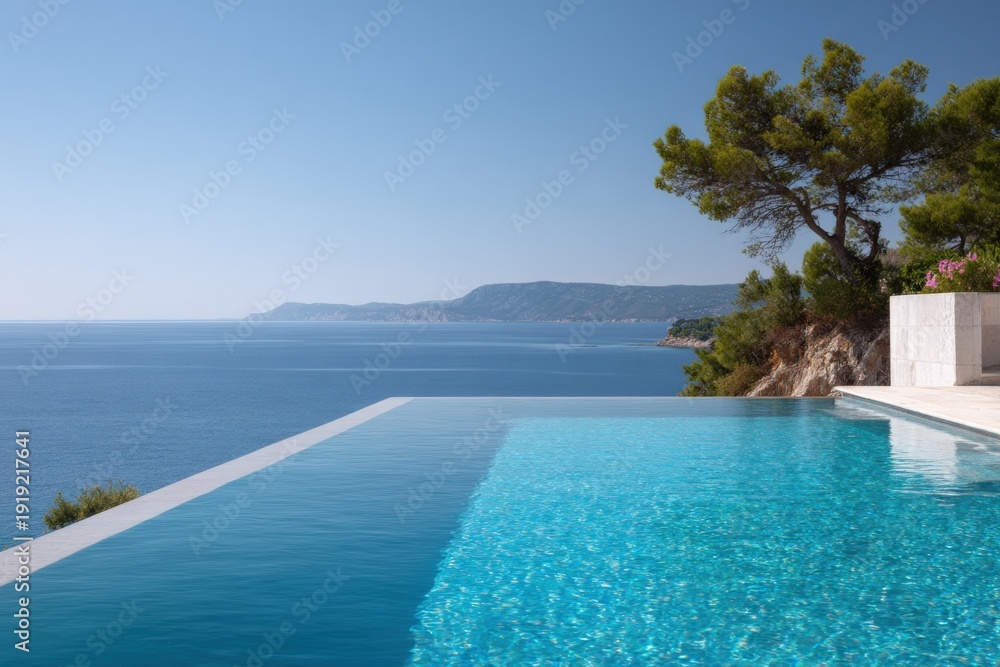 Fototapeta premium Infinity pool overlooking calm sea and mountainous horizon on sunny day