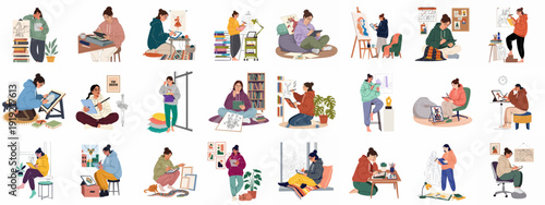 Young women artists illustrating digitally in various cozy home settings, showcasing creativity and modern digital art skills.