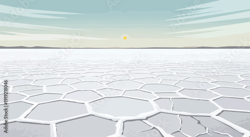 Expansive abstract illustration of a vast cracked salt plain under a tranquil sky with a small sun. Geometric patterns extend to the distant horizon.