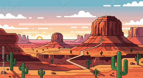 Serene stylized desert landscape portraying grand mesas, a winding road, and prominent saguaro cacti under a soft, painterly sky, evoking tranquil