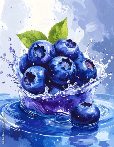 A vibrant still life of blueberries in water with splashes