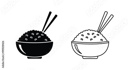 Two depictions of rice bowls with chopsticks a black and white illustration silhouette