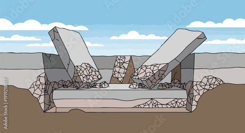 Illustrative depiction of severe earth fragmentation, featuring massive concrete slabs dramatically fractured and displaced due to intense