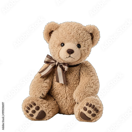 Adorable Brown Teddy Bear Sitting with Striped Bow, Subject Provided as a Cut-out