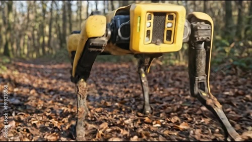 Yellow quadruped robot walking through autumn forest path. Robotic dog machine navigating wooded trail with fallen leaves. Technology and nature integration in outdoor robotics exploration.