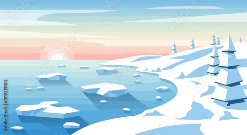 Minimalist illustration of a serene arctic landscape at sunrise, showcasing ice floes and snow-covered trees.
