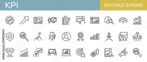 KPI・重要業績評価指標に関するラインアイコンセット（線幅変更可能）