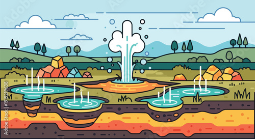 Vibrant illustration of a dynamic geothermal landscape with an erupting geyser and serene hot springs.