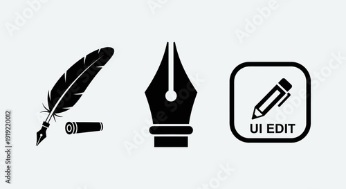 Writing Editing Tools Icons Feather Pen Nib Paper Edit Symbol in bright studio
