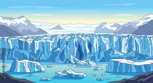 An expansive illustrative panorama capturing the majestic grandeur of a glacial landscape with towering ice formations floating in pristine arctic