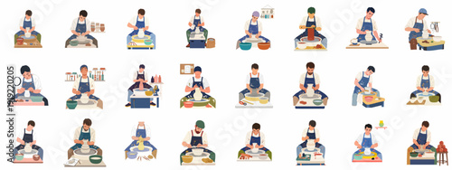 Illustrations of skilled artisans crafting handmade pottery on wheels, showcasing various stages of ceramic creation and artistic expression in a studio environment.