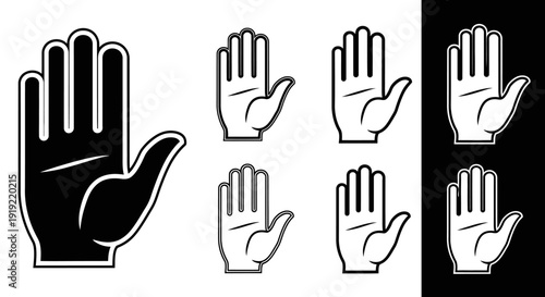 Set of Open Hand Gestures in Outline and Solid Styles on Isolated White and Black Backgrounds