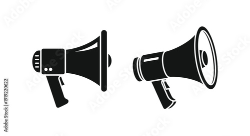 Two vintage megaphone illustrations in a striking black silhouette