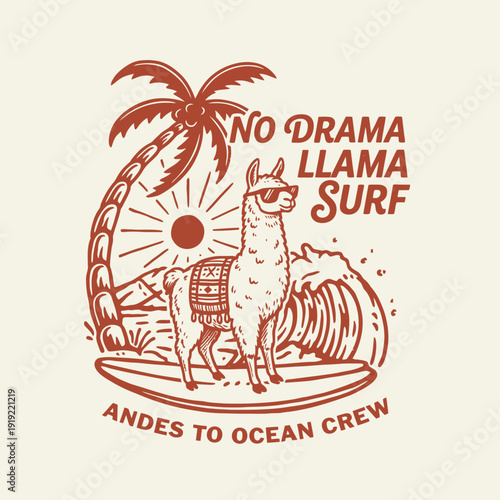 Cool Llama Surfing on a Wave with Sunglasses and Palm Tree.