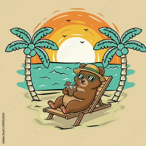 Cute cartoon bear relaxing on a beach chair with a drink.