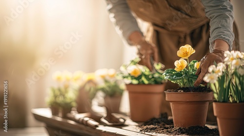 Gardener planting flowers in pots on wooden table with natural light  