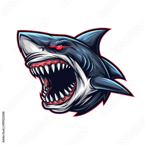 Aggressive shark head with sharp teeth and glowing red eyes roaring