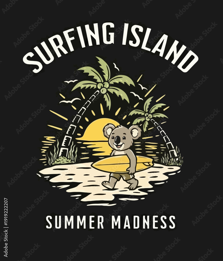 Fototapeta premium Cute Koala Surfer Walking on Tropical Beach with Palm Trees at Sunset.
