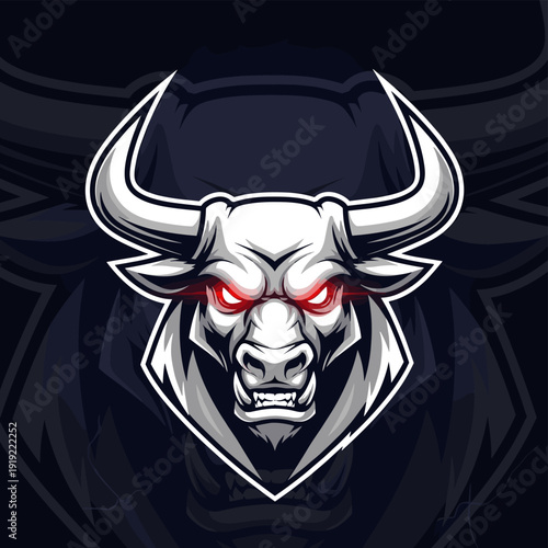 Aggressive bull head mascot with glowing red eyes on dark background