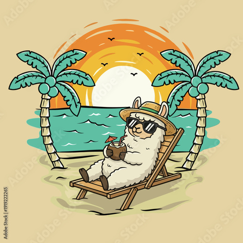 Cute Llama Relaxing on a Beach Chair with a Coconut Drink.