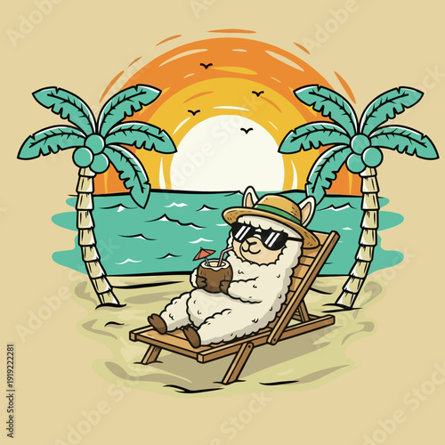 Cute Llama Relaxing on Beach Chair with Coconut Drink.