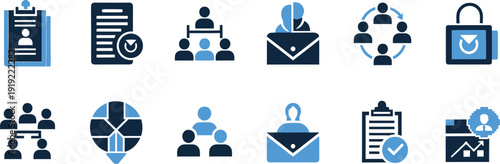 Collection of business and communication icons in blue and black