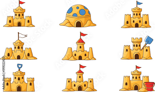 Sandcastle Collection Icon Set with Beach Sand Forts, Flags, Bucket, and Shovel in Cute Summer Cartoon Vector Style