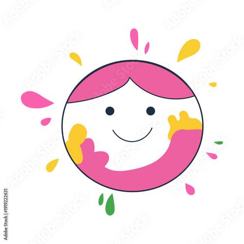 Colorful Smiling Character Face with Paint Splashes and Vibrant Ink Droplets