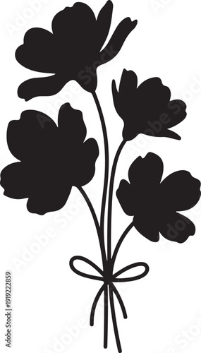 Elegant floral bouquet silhouette in a classic black and white style featuring detailed flower arrangements and botanical leaves.