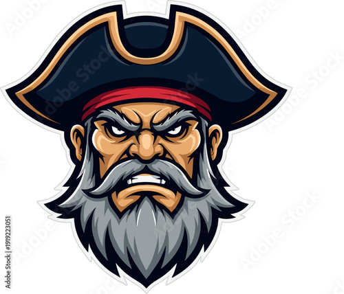 Angry pirate captain face with gray beard and tricorn hat, bold cartoon mascot vector illustration isolated on light background