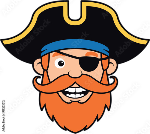 Smiling pirate face with eyepatch and orange beard, cartoon captain character head flat vector illustration isolated on light background